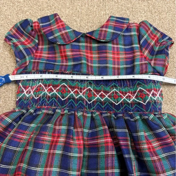 Laura Ashley: Girls.Navy / Green / Red Smocked Plaid Holiday Dress, Size 3T - Picture 4 of 12